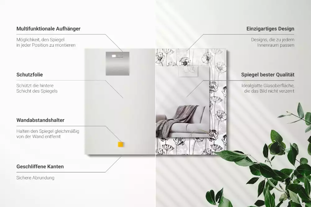 Oglindă dreptunghiulară cu ramă imprimată cu flori model monocrom