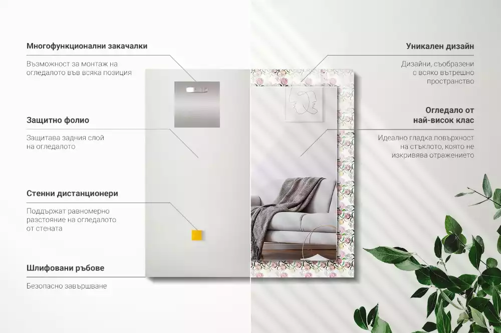 Oglindă dreptunghiulară cu decor floral