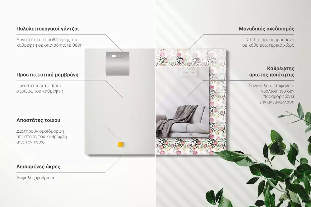 Oglindă dreptunghiulară cu decor floral