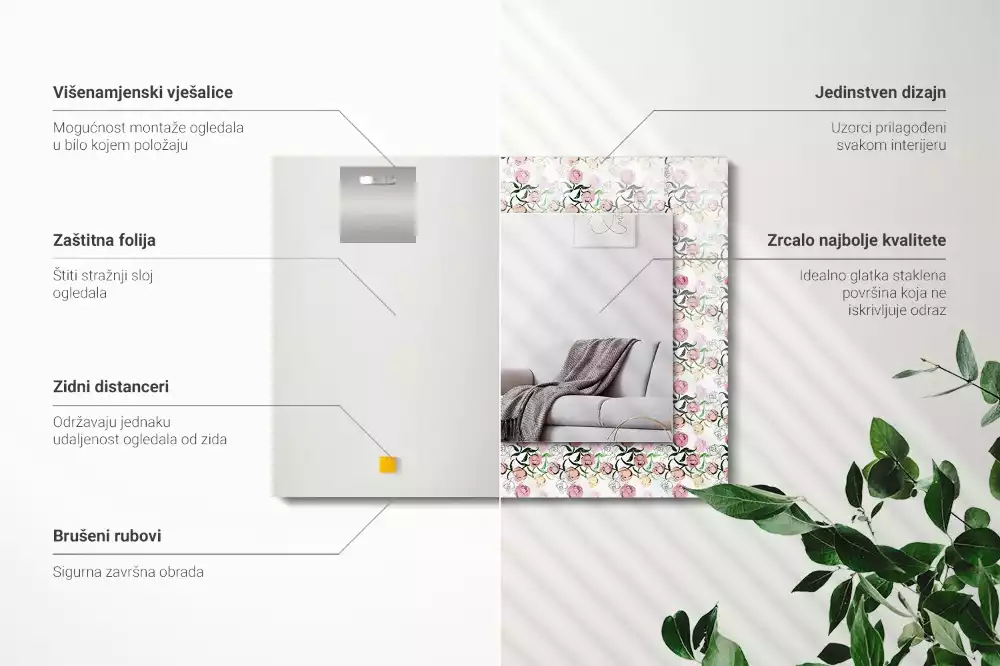 Oglindă dreptunghiulară cu decor floral