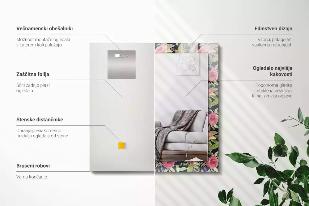 Oglindă dreptunghiulară cu imprimeu flori și păsări