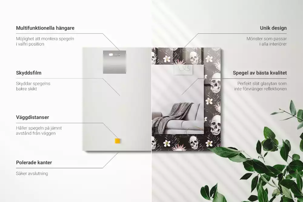 Oglindă dreptunghiulară cu ramă imprimată cu cranii și flori