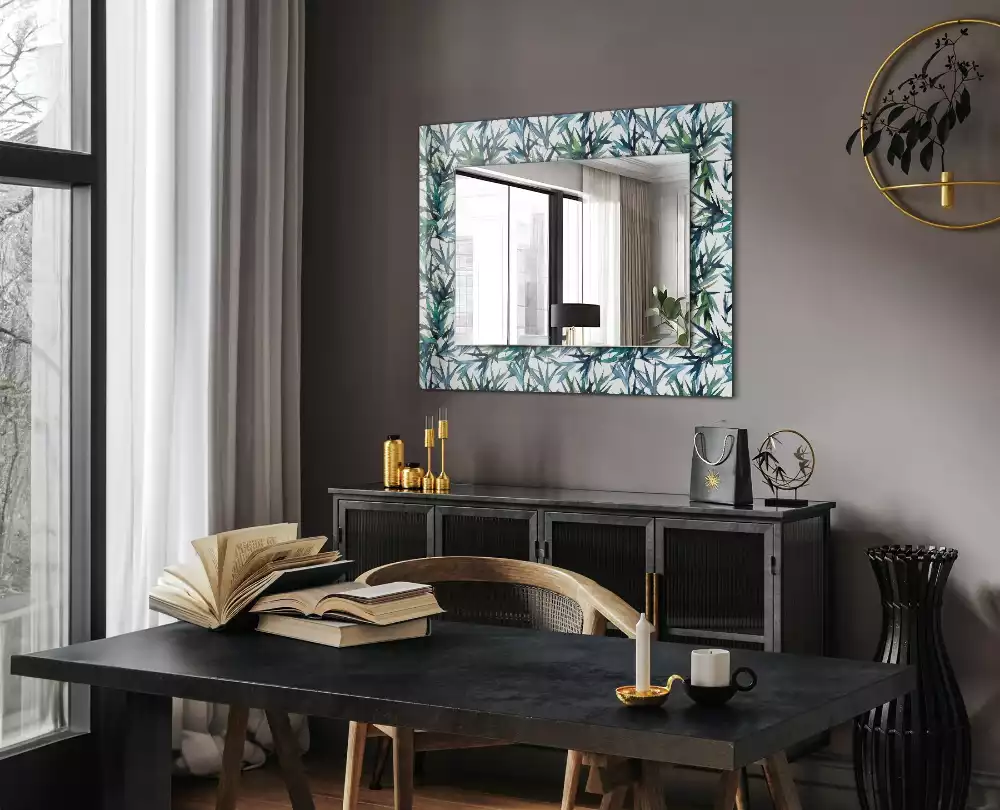 Oglindă dreptunghiulară cu decor de frunze de bambus în acuarelă