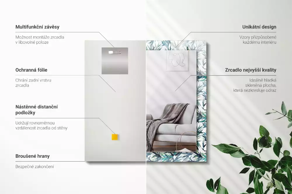 Oglindă dreptunghiulară cu decor de frunze de bambus în acuarelă