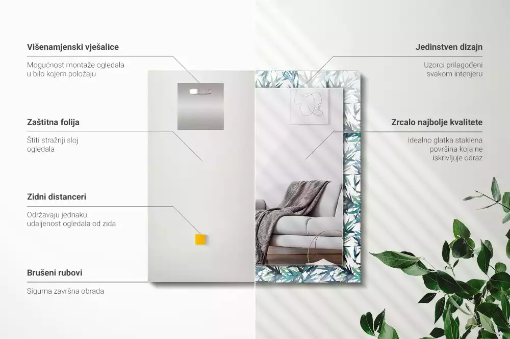 Oglindă dreptunghiulară cu decor de frunze de bambus în acuarelă