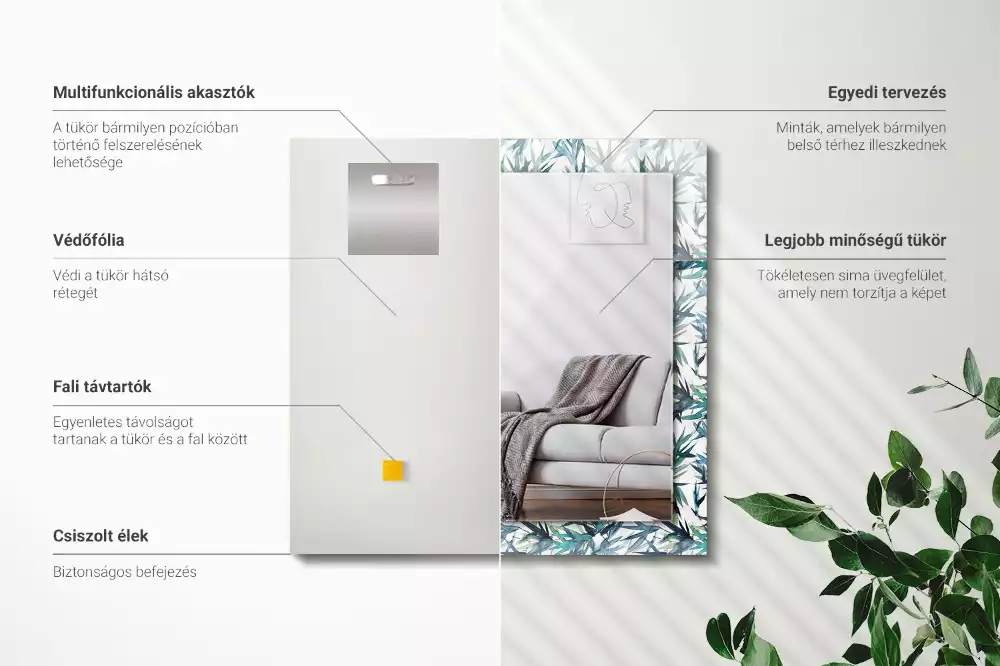 Oglindă dreptunghiulară cu decor de frunze de bambus în acuarelă