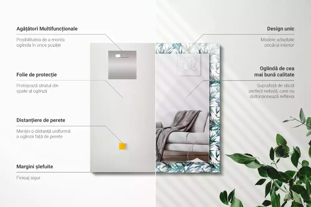 Oglindă dreptunghiulară cu decor de frunze de bambus în acuarelă