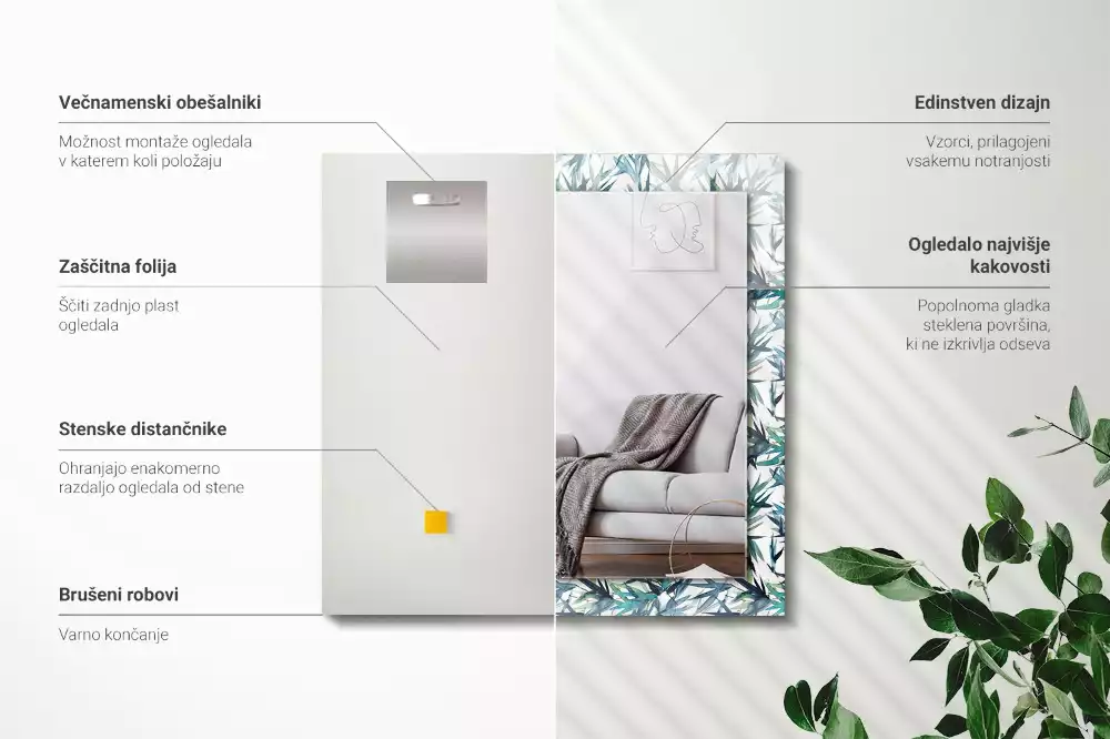 Oglindă dreptunghiulară cu decor de frunze de bambus în acuarelă