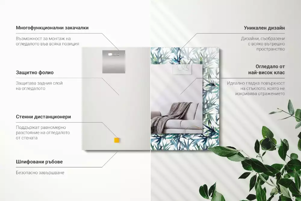 Oglindă dreptunghiulară cu decor de frunze de bambus în acuarelă
