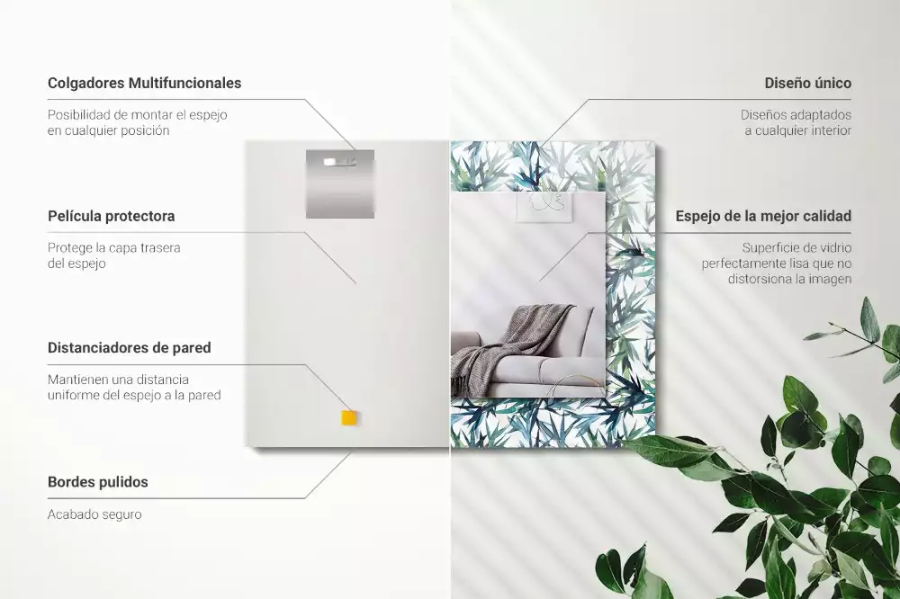 Oglindă dreptunghiulară cu decor de frunze de bambus în acuarelă