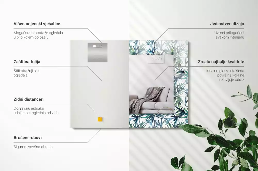Oglindă dreptunghiulară cu decor de frunze de bambus în acuarelă