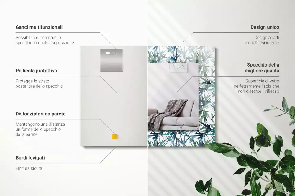 Oglindă dreptunghiulară cu decor de frunze de bambus în acuarelă