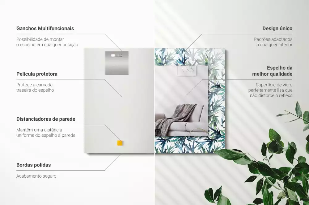 Oglindă dreptunghiulară cu decor de frunze de bambus în acuarelă