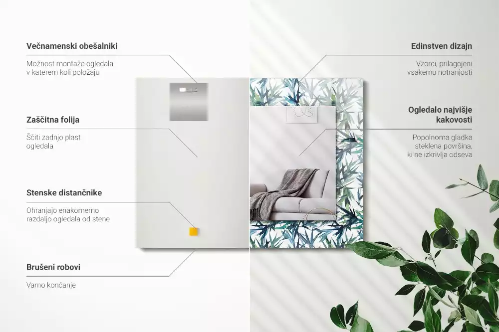 Oglindă dreptunghiulară cu decor de frunze de bambus în acuarelă