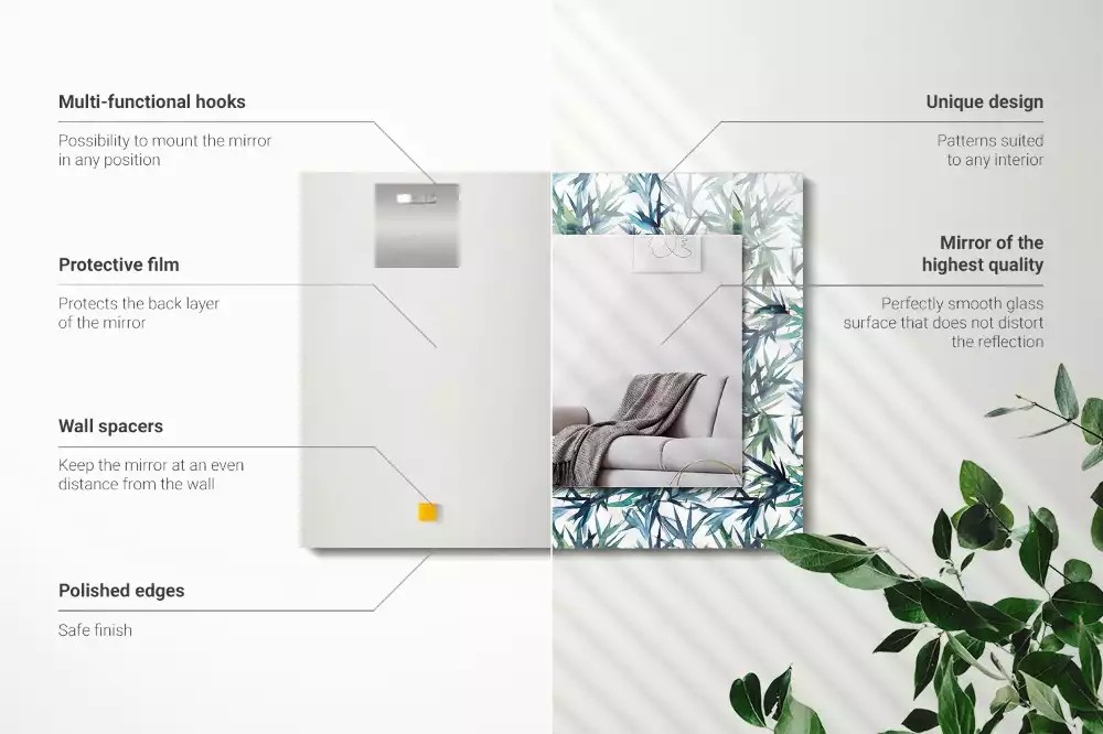 Oglindă dreptunghiulară cu decor de frunze de bambus în acuarelă