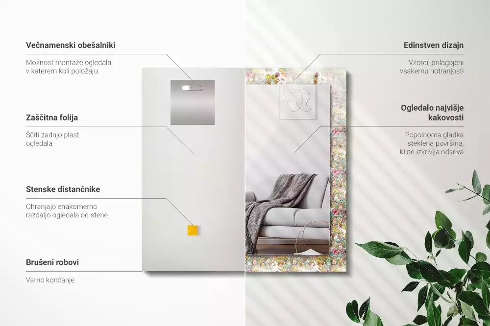 Oglindă dreptunghiulară cu imprimeu fluturi și flori