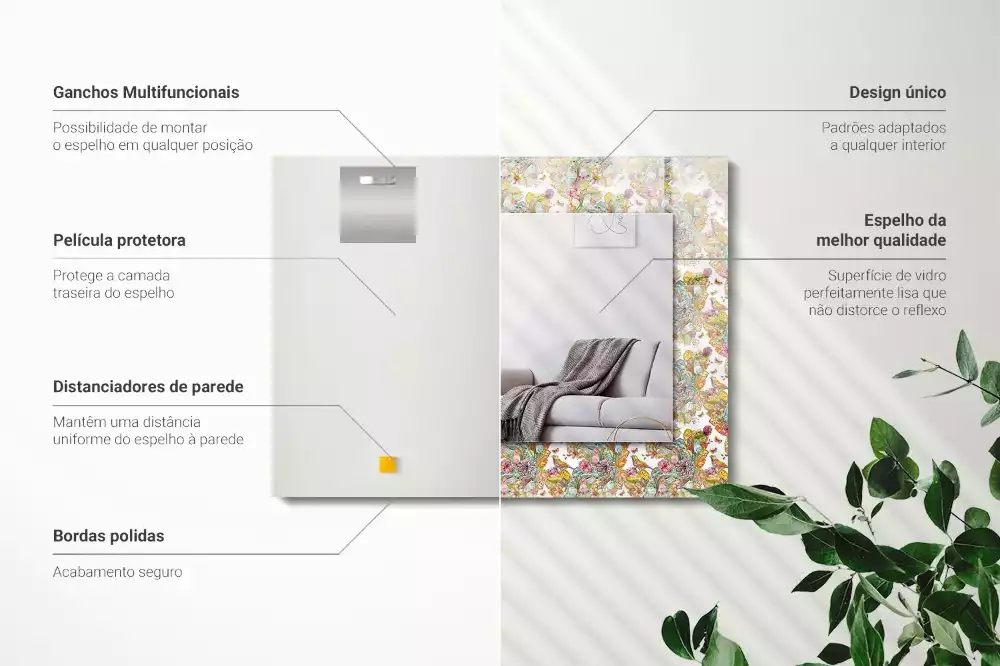Oglindă dreptunghiulară cu imprimeu fluturi și flori