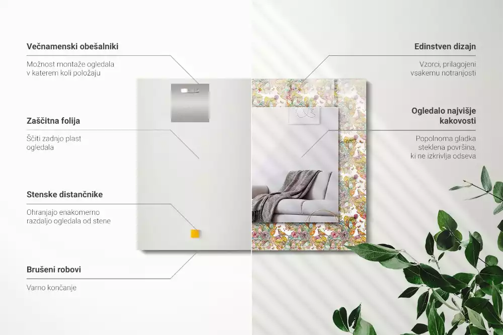 Oglindă dreptunghiulară cu imprimeu fluturi și flori