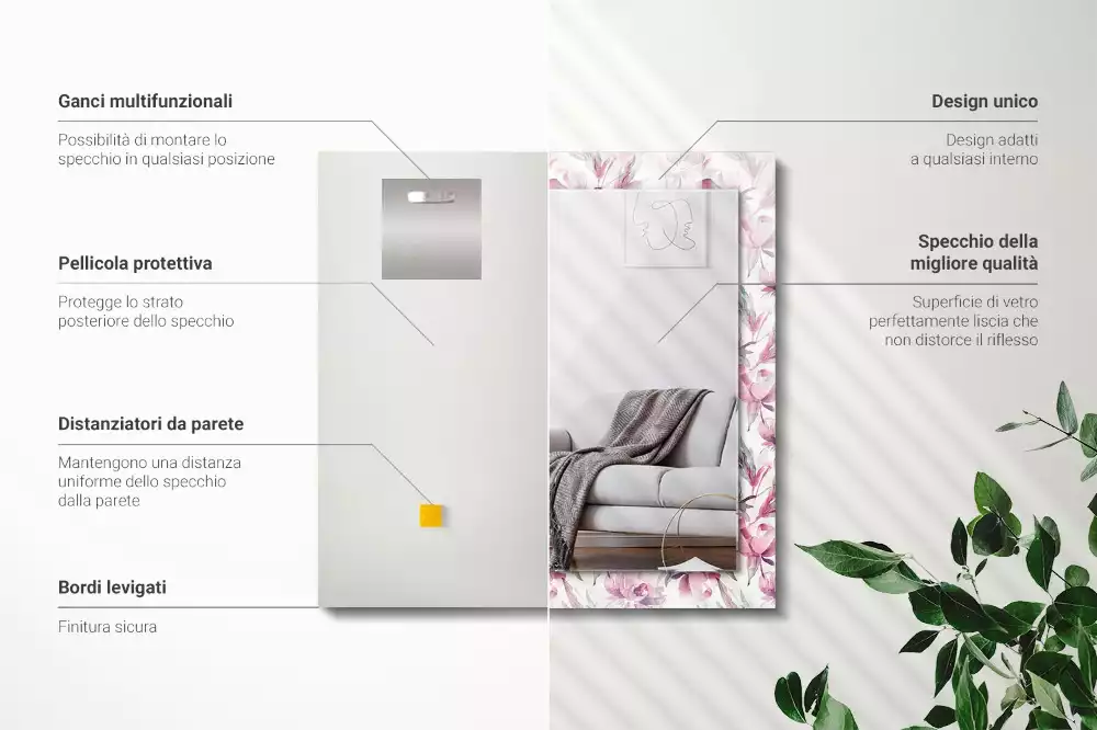 Oglindă dreptunghiulară cu ramă cu imprimeu floral violet
