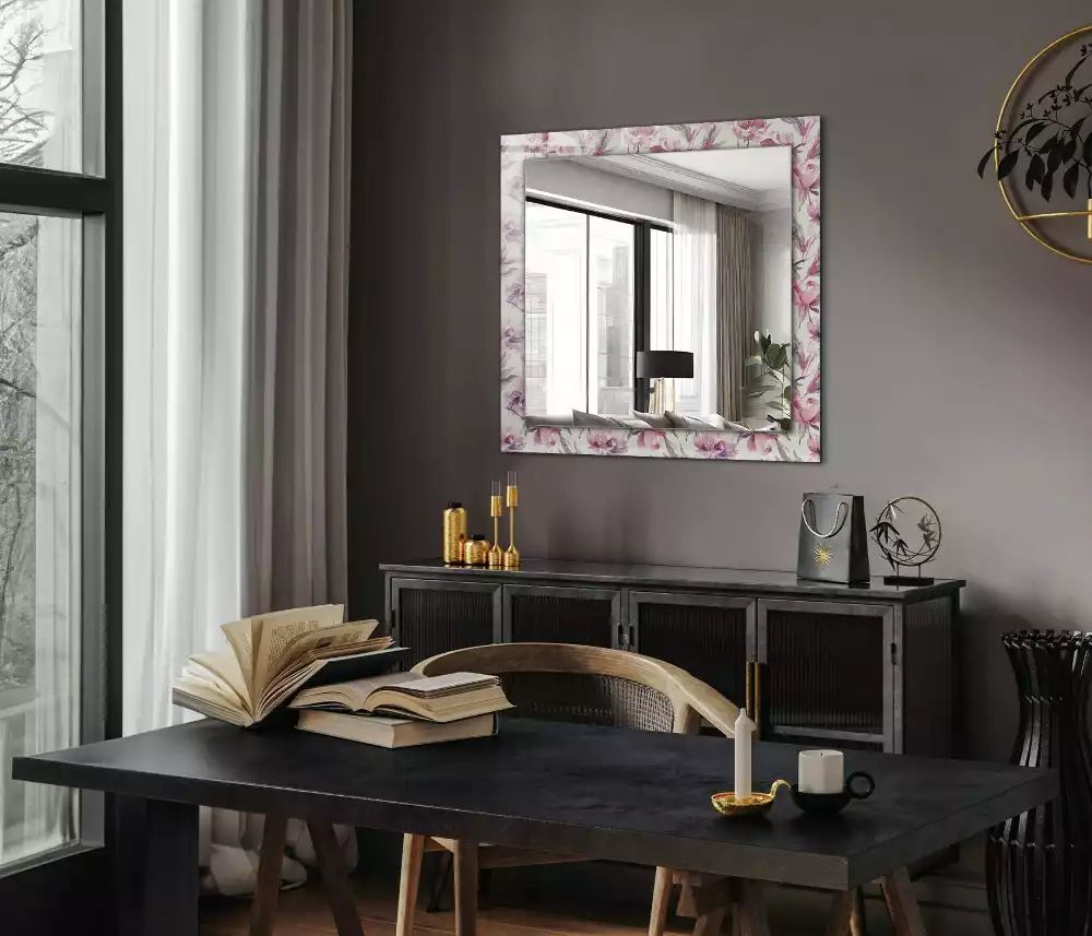 Oglindă dreptunghiulară cu ramă cu imprimeu floral violet