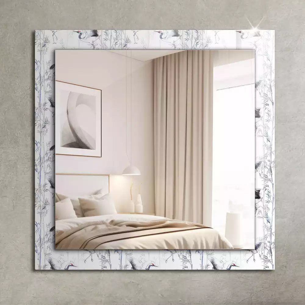 Oglindă dreptunghiulară cu decor cu macarale și bambus