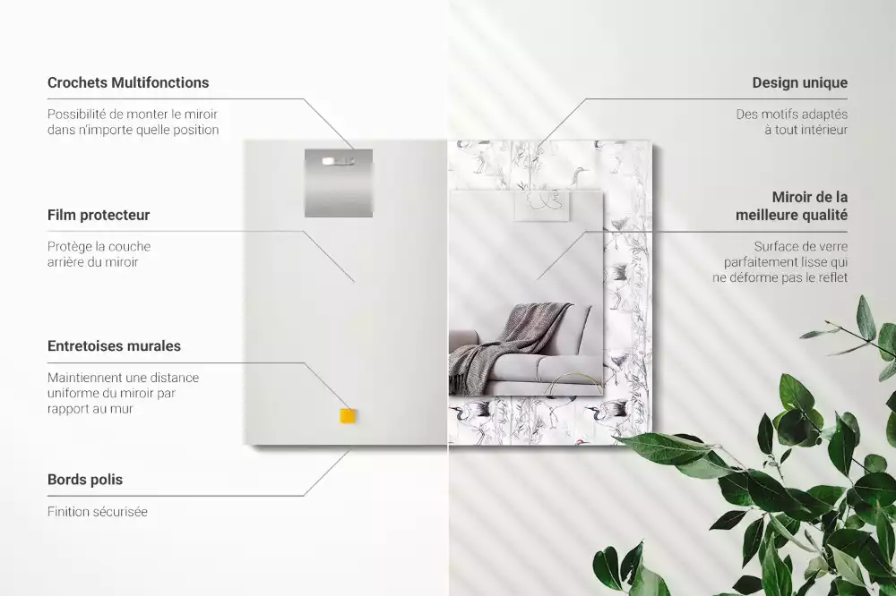 Oglindă dreptunghiulară cu decor cu macarale și bambus