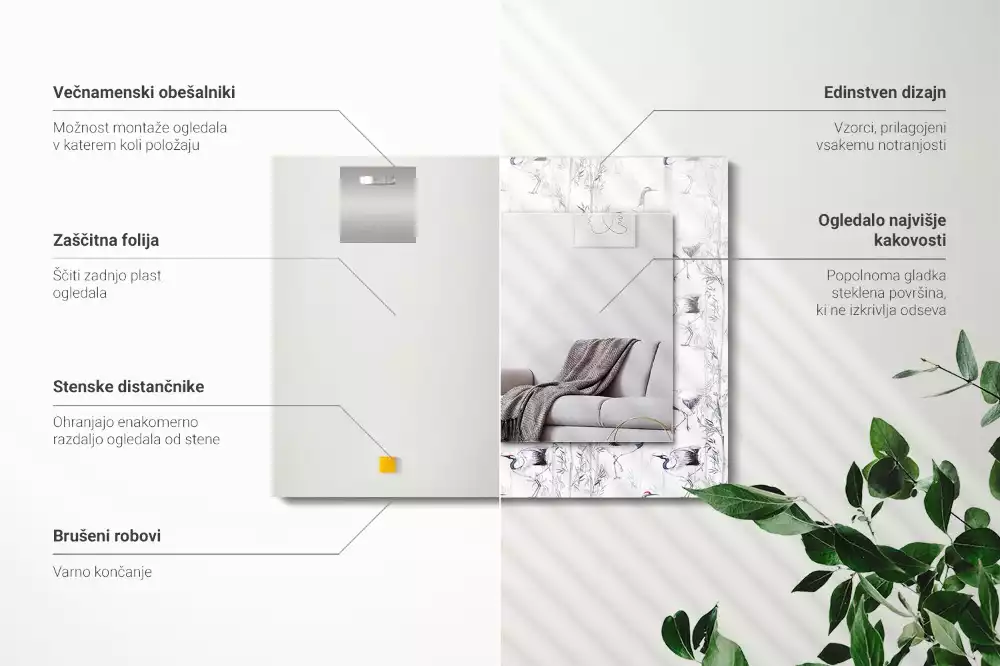 Oglindă dreptunghiulară cu decor cu macarale și bambus