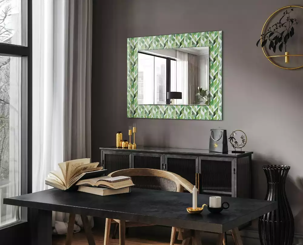 Oglindă decorativă de perete dreptunghiulară cu model geometric verde