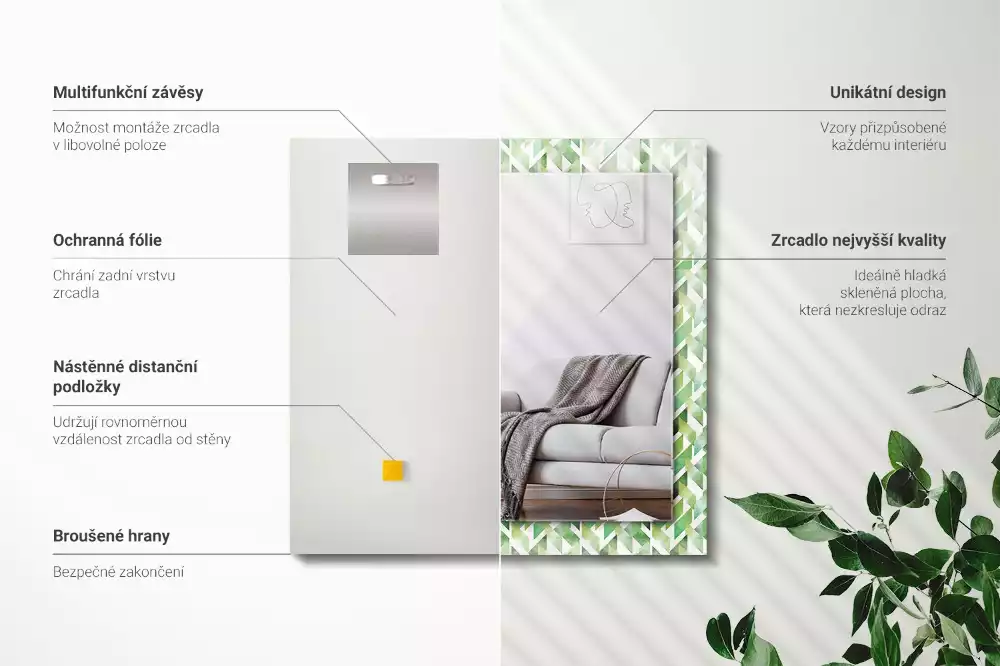 Oglindă decorativă de perete dreptunghiulară cu model geometric verde
