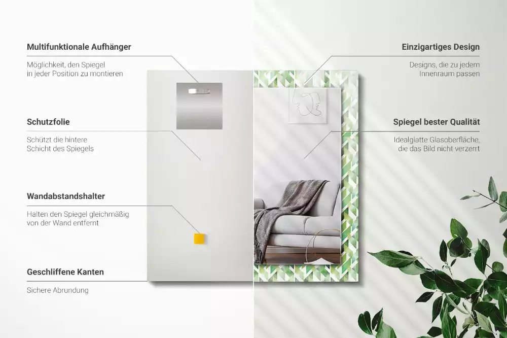 Oglindă decorativă de perete dreptunghiulară cu model geometric verde
