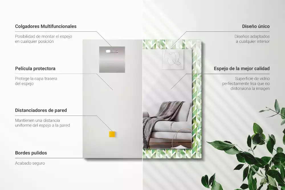 Oglindă decorativă de perete dreptunghiulară cu model geometric verde