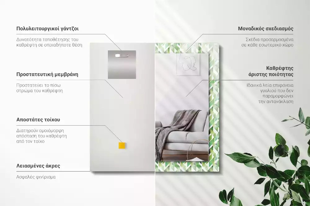 Oglindă decorativă de perete dreptunghiulară cu model geometric verde