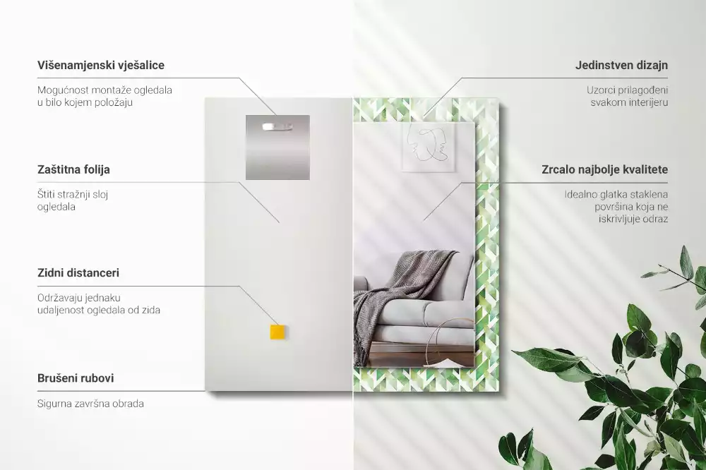 Oglindă decorativă de perete dreptunghiulară cu model geometric verde