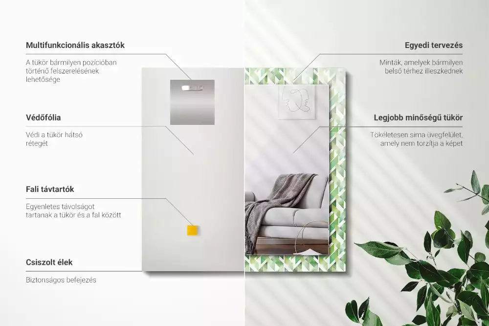 Oglindă decorativă de perete dreptunghiulară cu model geometric verde