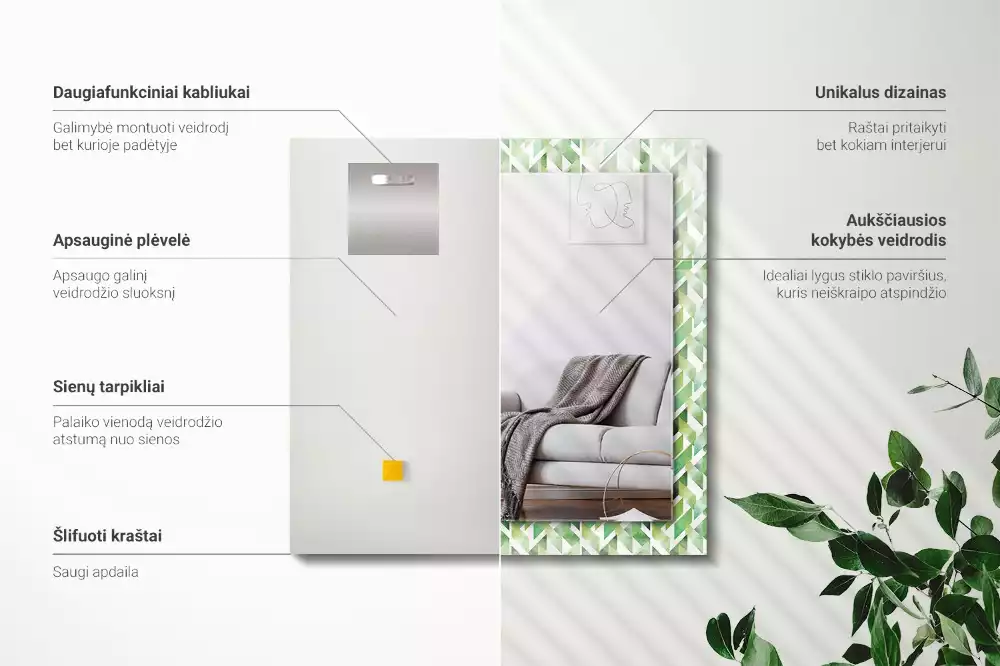Oglindă decorativă de perete dreptunghiulară cu model geometric verde