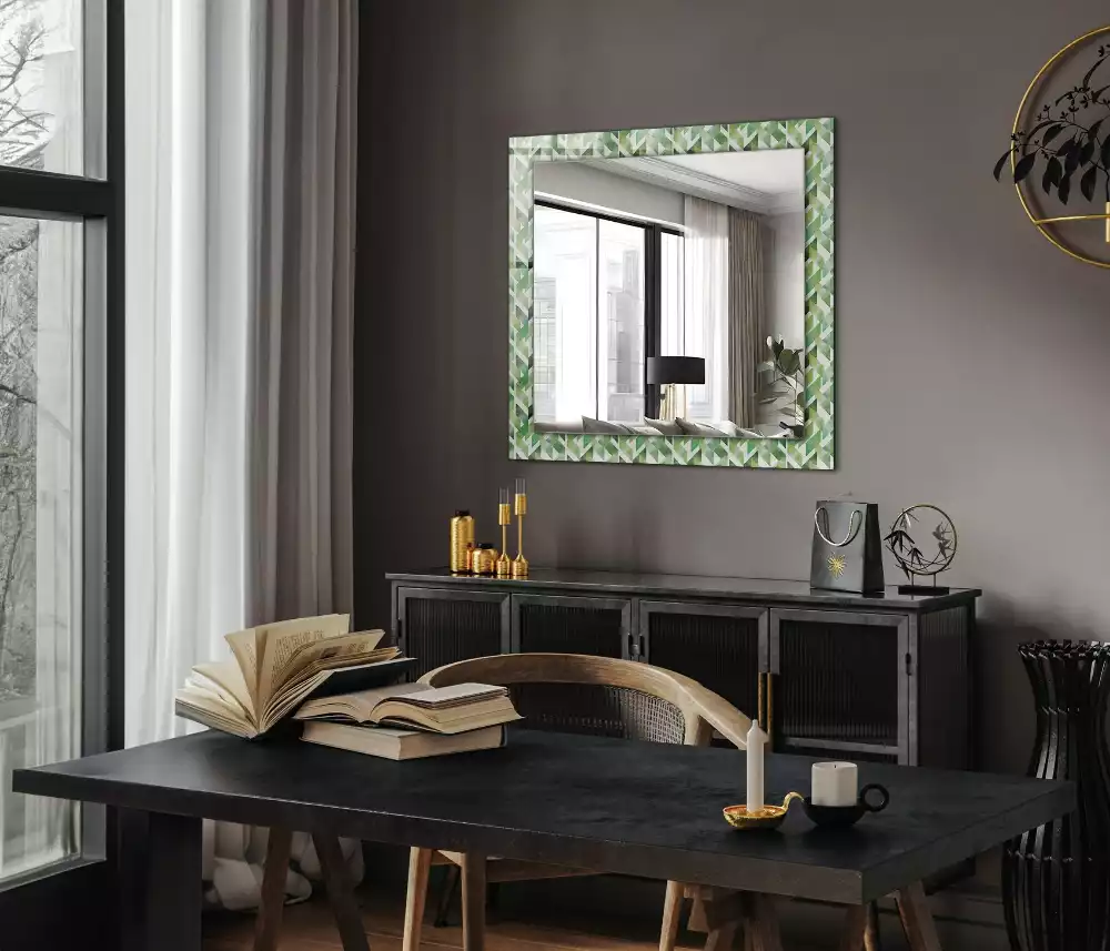 Oglindă decorativă de perete dreptunghiulară cu model geometric verde