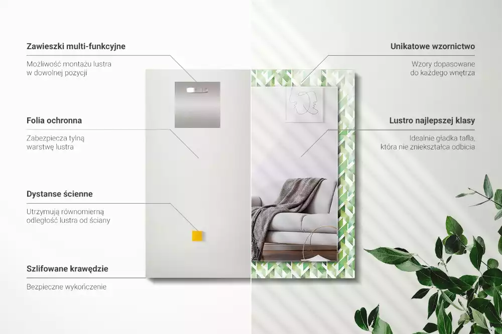 Oglindă decorativă de perete dreptunghiulară cu model geometric verde