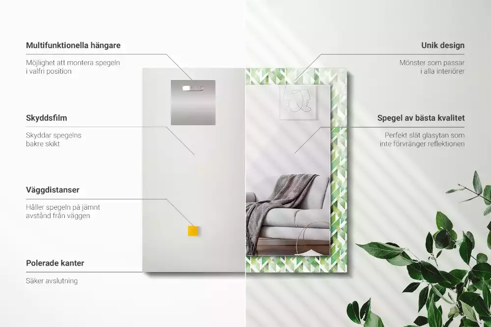Oglindă decorativă de perete dreptunghiulară cu model geometric verde