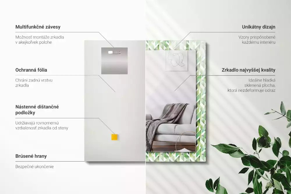 Oglindă decorativă de perete dreptunghiulară cu model geometric verde