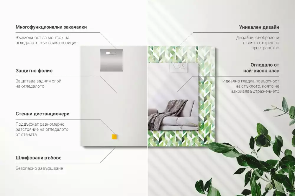 Oglindă decorativă de perete dreptunghiulară cu model geometric verde