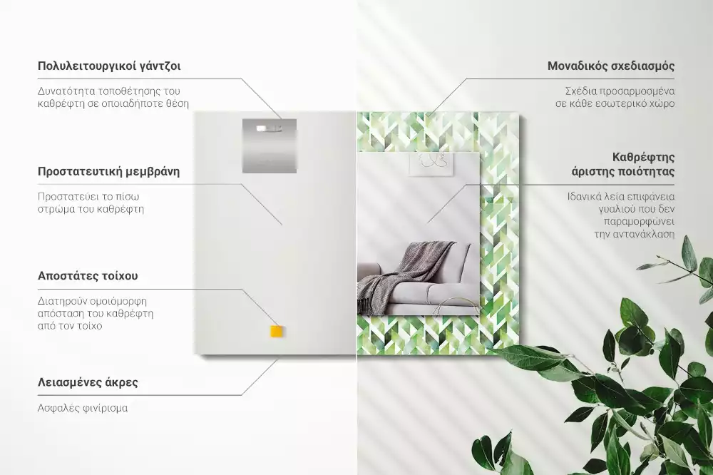 Oglindă decorativă de perete dreptunghiulară cu model geometric verde