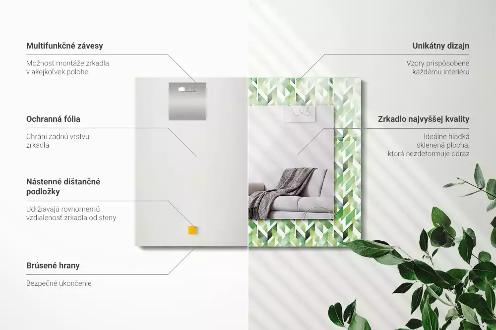 Oglindă decorativă de perete dreptunghiulară cu model geometric verde