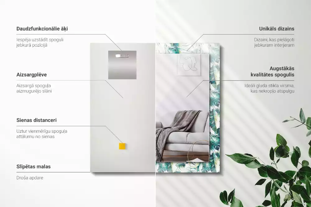 Oglindă dreptunghiulară cu imprimeu cu frunze tropicale verzi