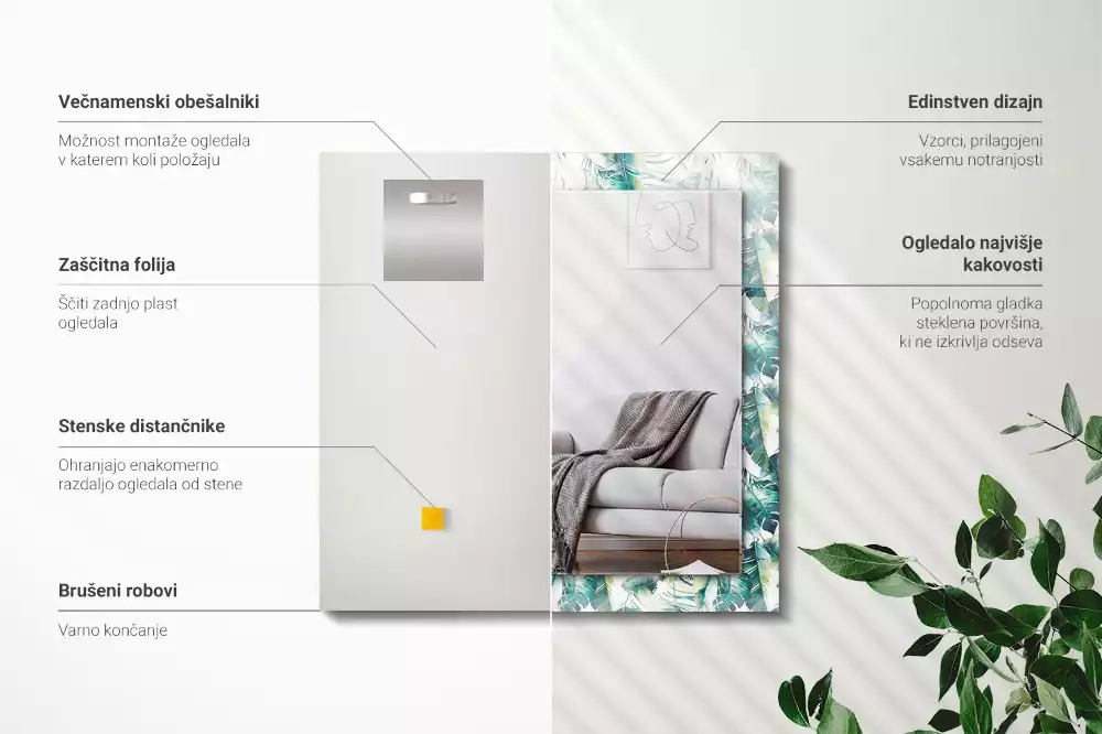 Oglindă dreptunghiulară cu imprimeu cu frunze tropicale verzi