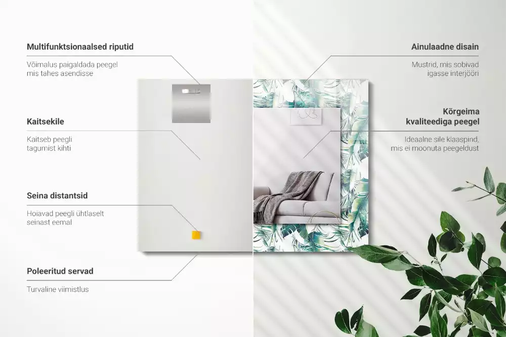 Oglindă dreptunghiulară cu imprimeu cu frunze tropicale verzi
