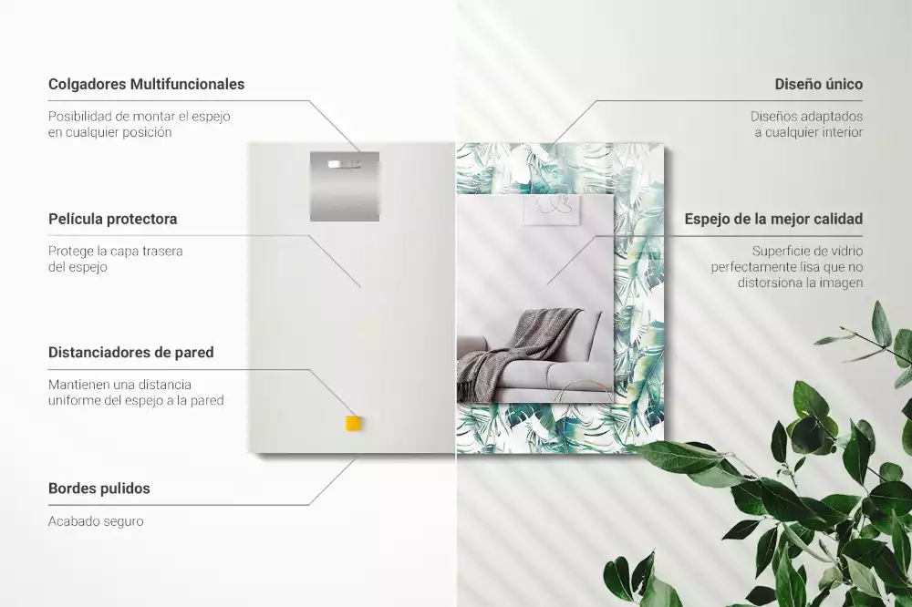 Oglindă dreptunghiulară cu imprimeu cu frunze tropicale verzi