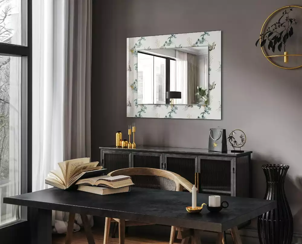 Oglindă decorativă de perete dreptunghiulară cu model păsări și flori