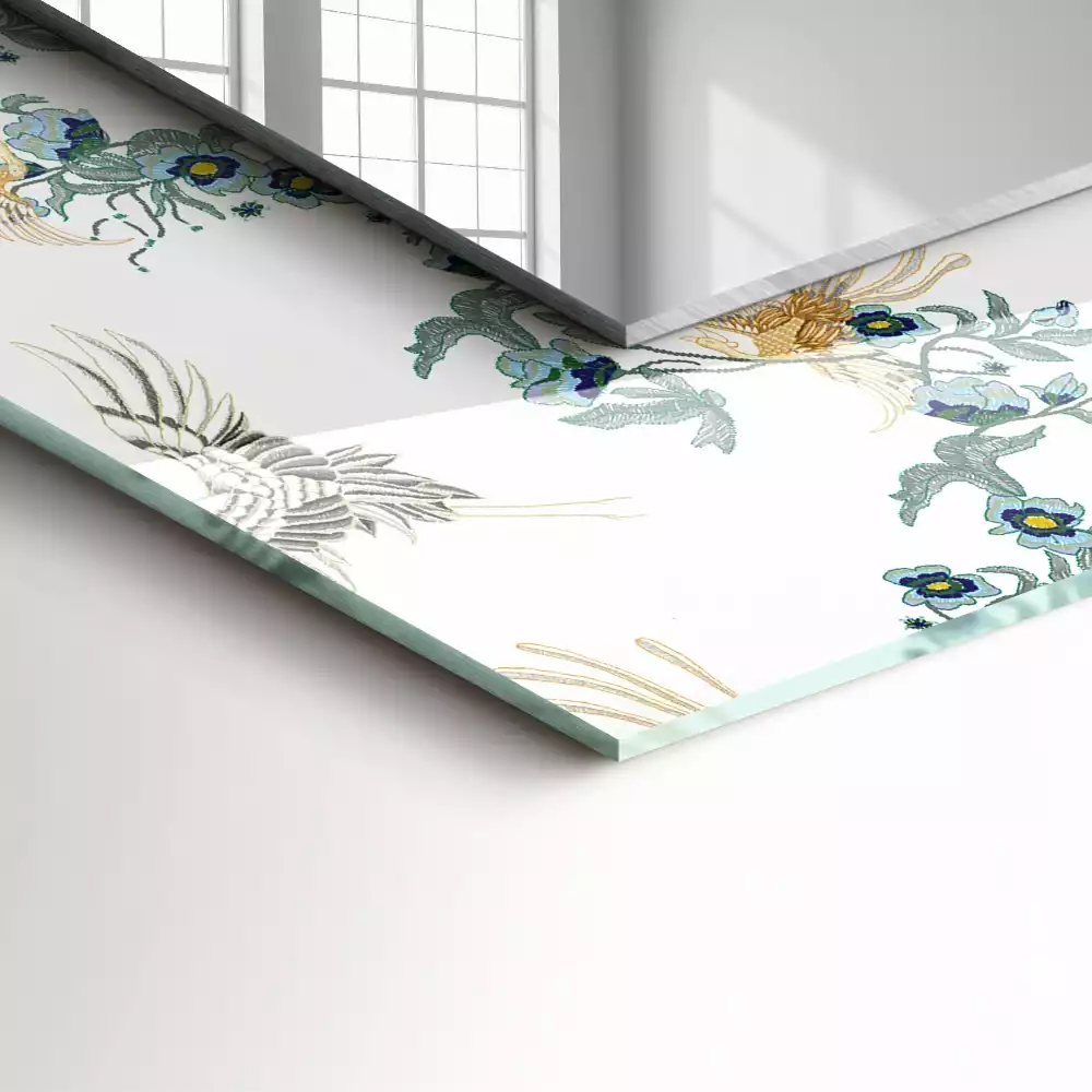Oglindă decorativă de perete dreptunghiulară cu model păsări și flori