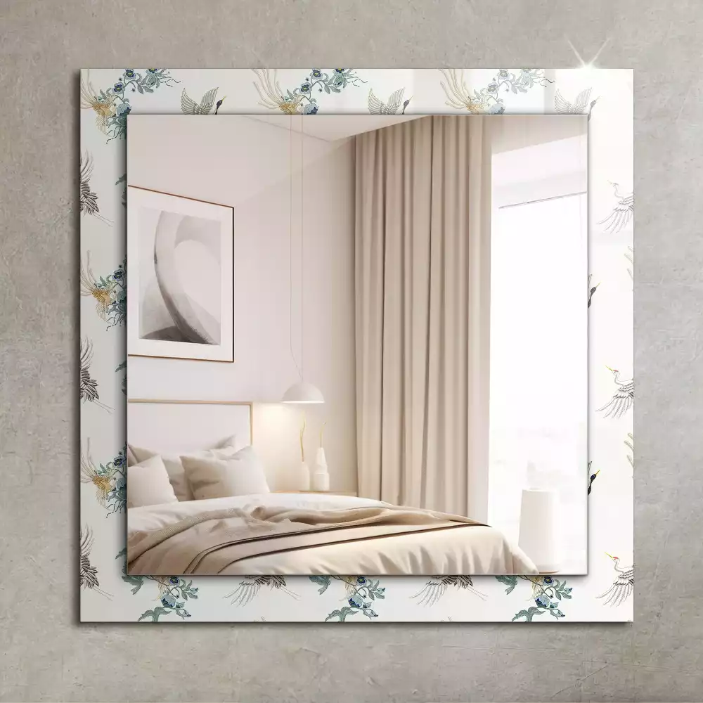 Oglindă decorativă de perete dreptunghiulară cu model păsări și flori