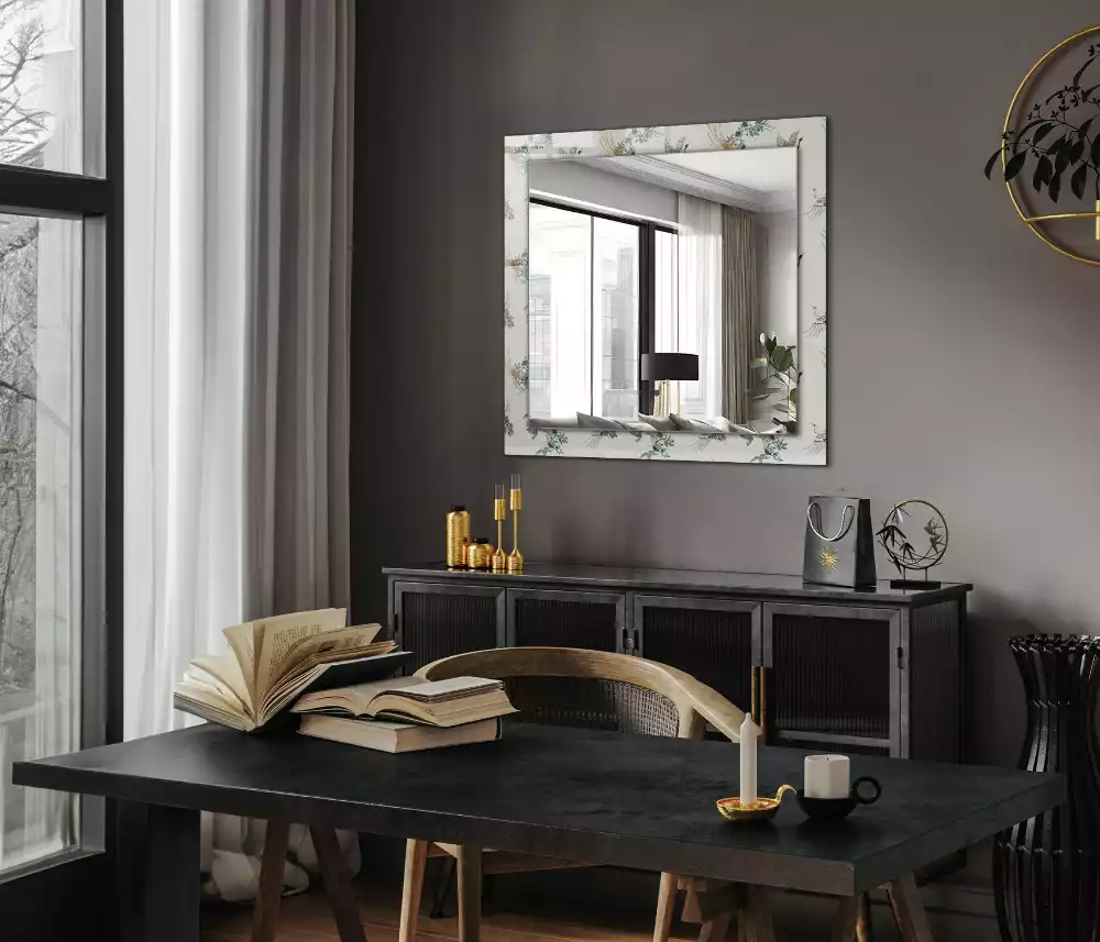 Oglindă decorativă de perete dreptunghiulară cu model păsări și flori